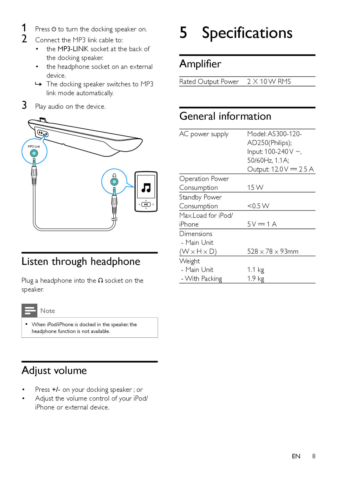 Philips DS6100 user manual Specifications, Listen through headphone, Adjust volume, Amplifier, General information 