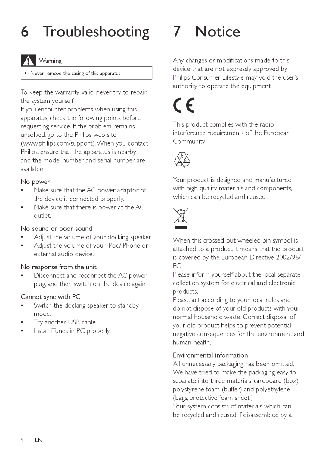 Philips DS6100 user manual Troubleshooting, Environmental information 