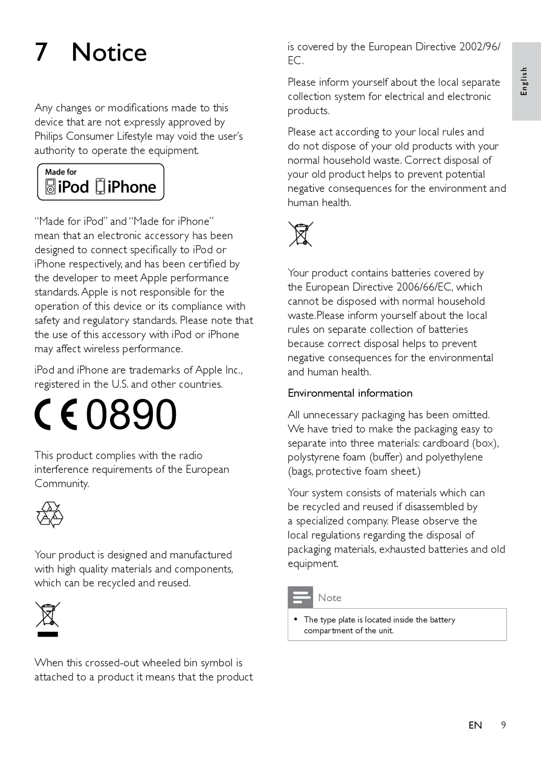 Philips DS7530/12 user manual Environmental information 