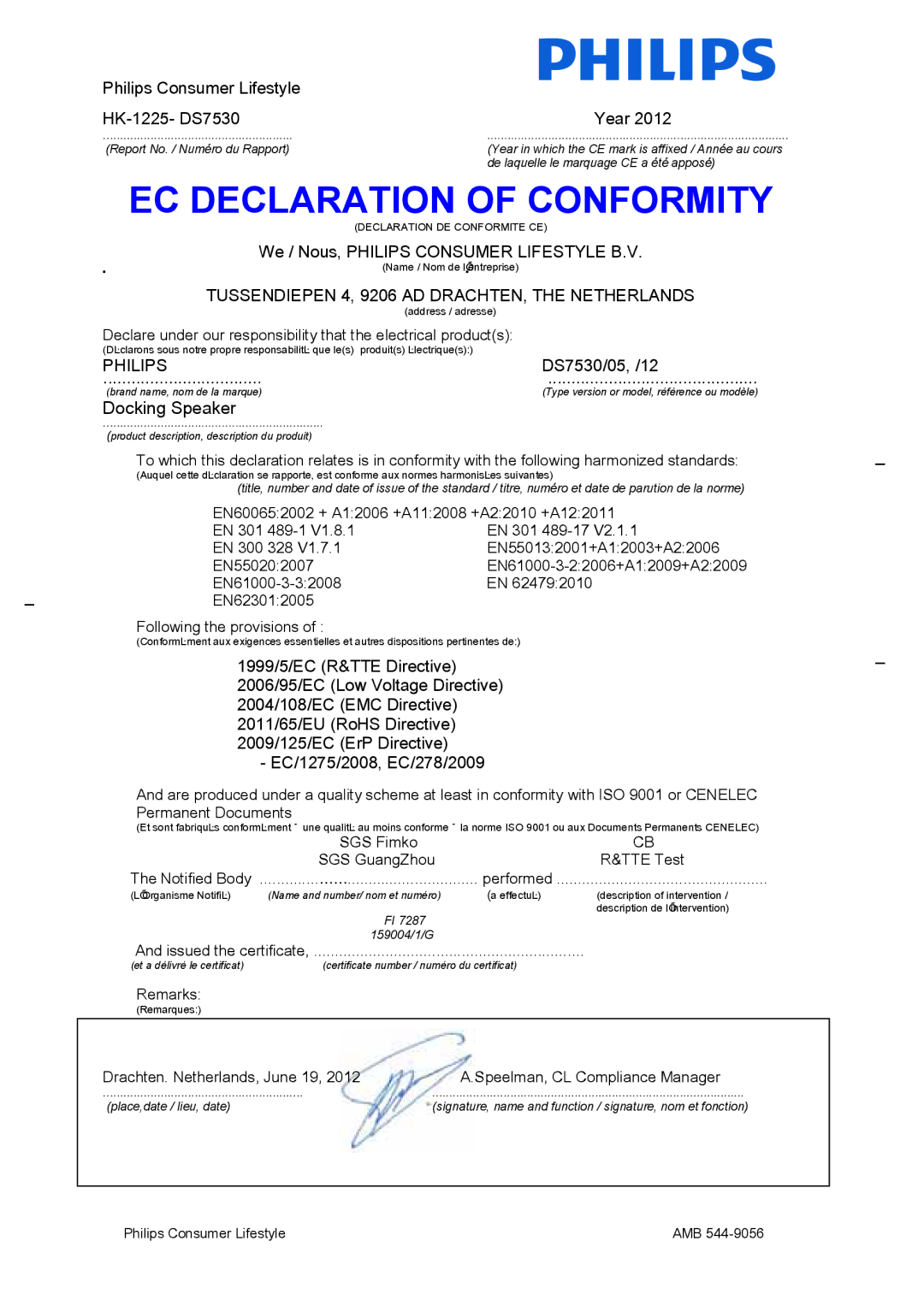 Philips DS7530/12 user manual EC Declaration of Conformity 