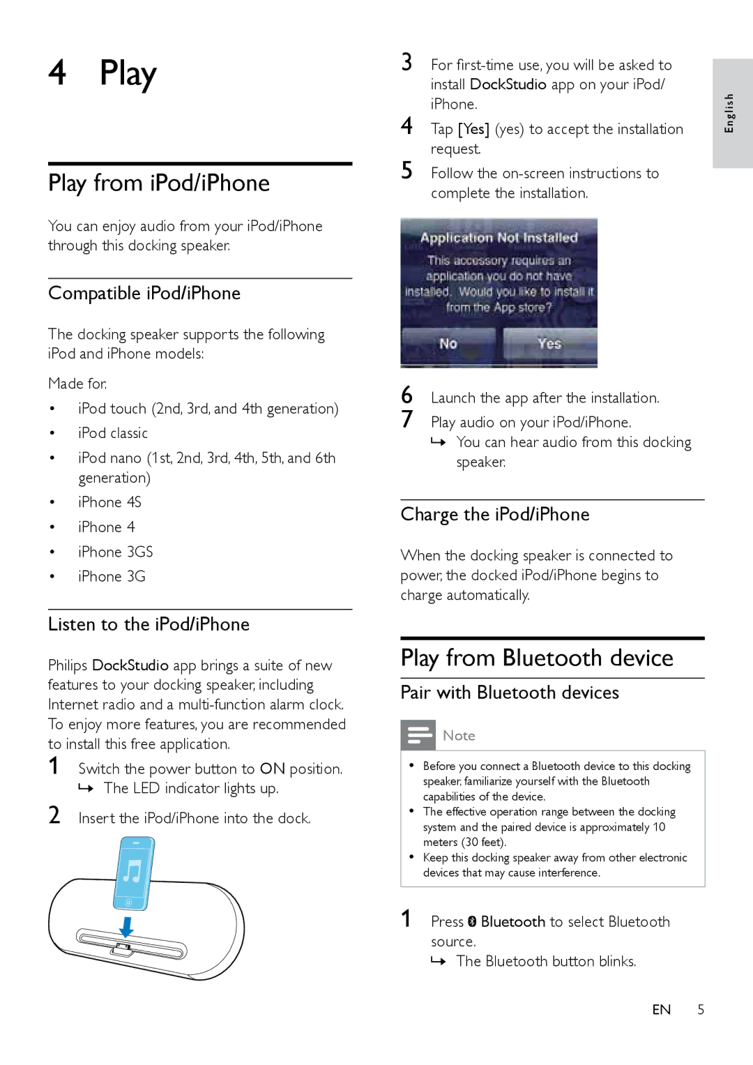 Philips DS7530/12 user manual Play from iPod/iPhone, Play from Bluetooth device 