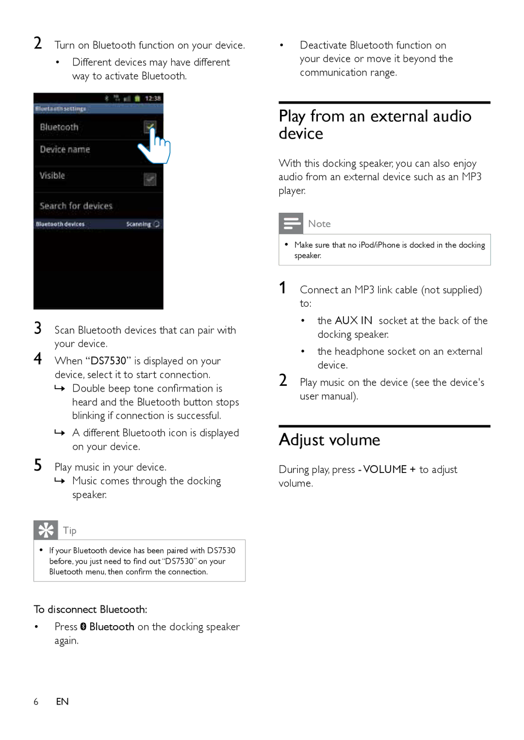 Philips DS7530/12 user manual Play from an external audio device, Adjust volume, Turn on Bluetooth function on your device 