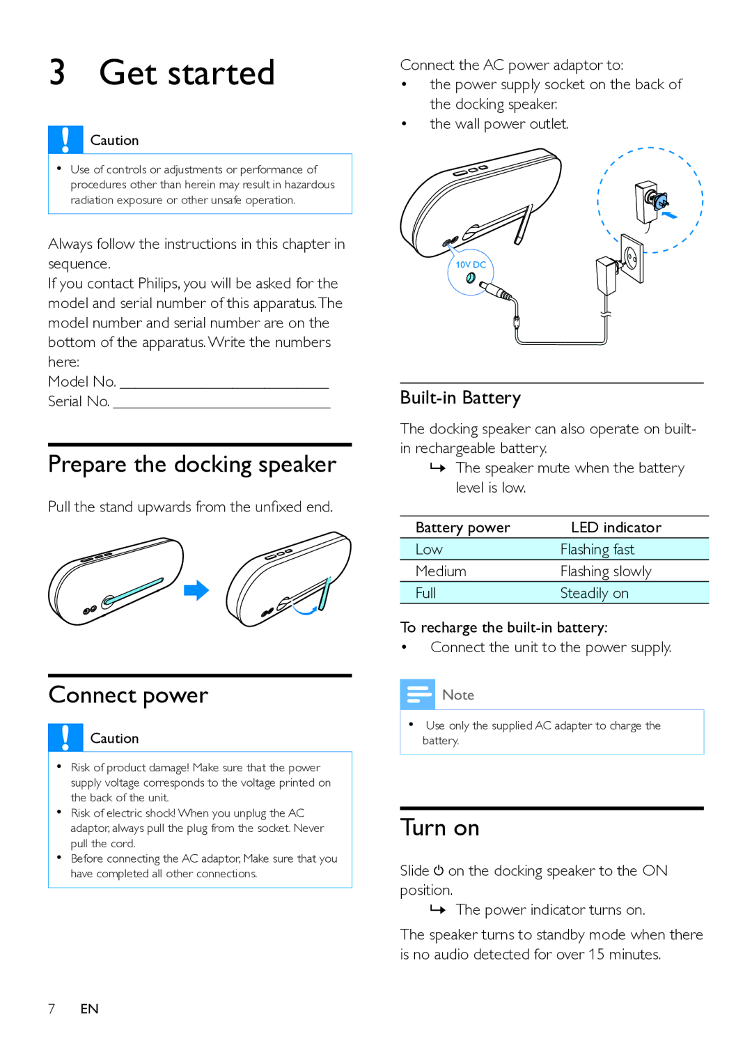 Philips DS7880/37 user manual Get started, Prepare the docking speaker, Connect power, Turn on, Built-in Battery 