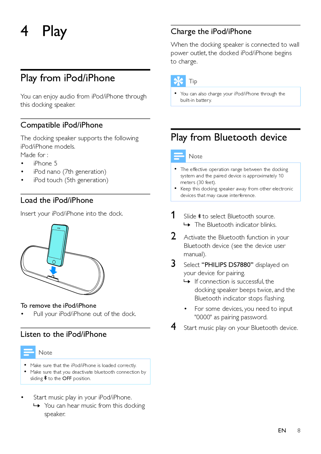 Philips DS7880/37 user manual Play from iPod/iPhone, Play from Bluetooth device 