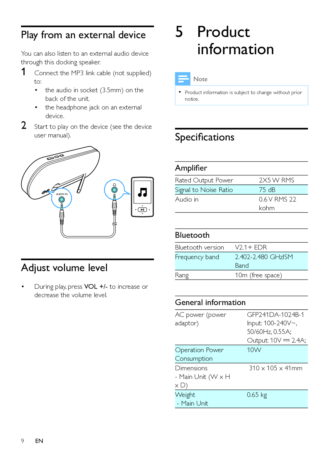 Philips DS7880/37 user manual Product information, Play from an external device, Adjust volume level, Specifications 