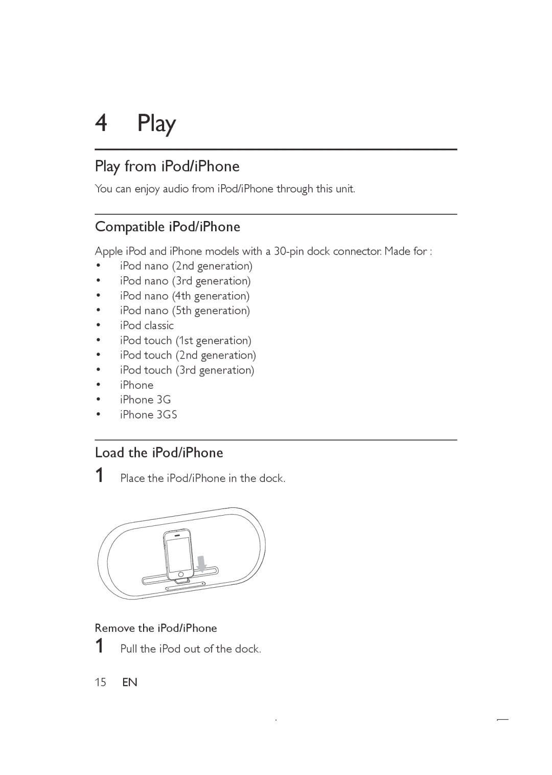 Philips DS8500 user manual Play from iPod/iPhone, Compatible iPod/iPhone, Load the iPod/iPhone 