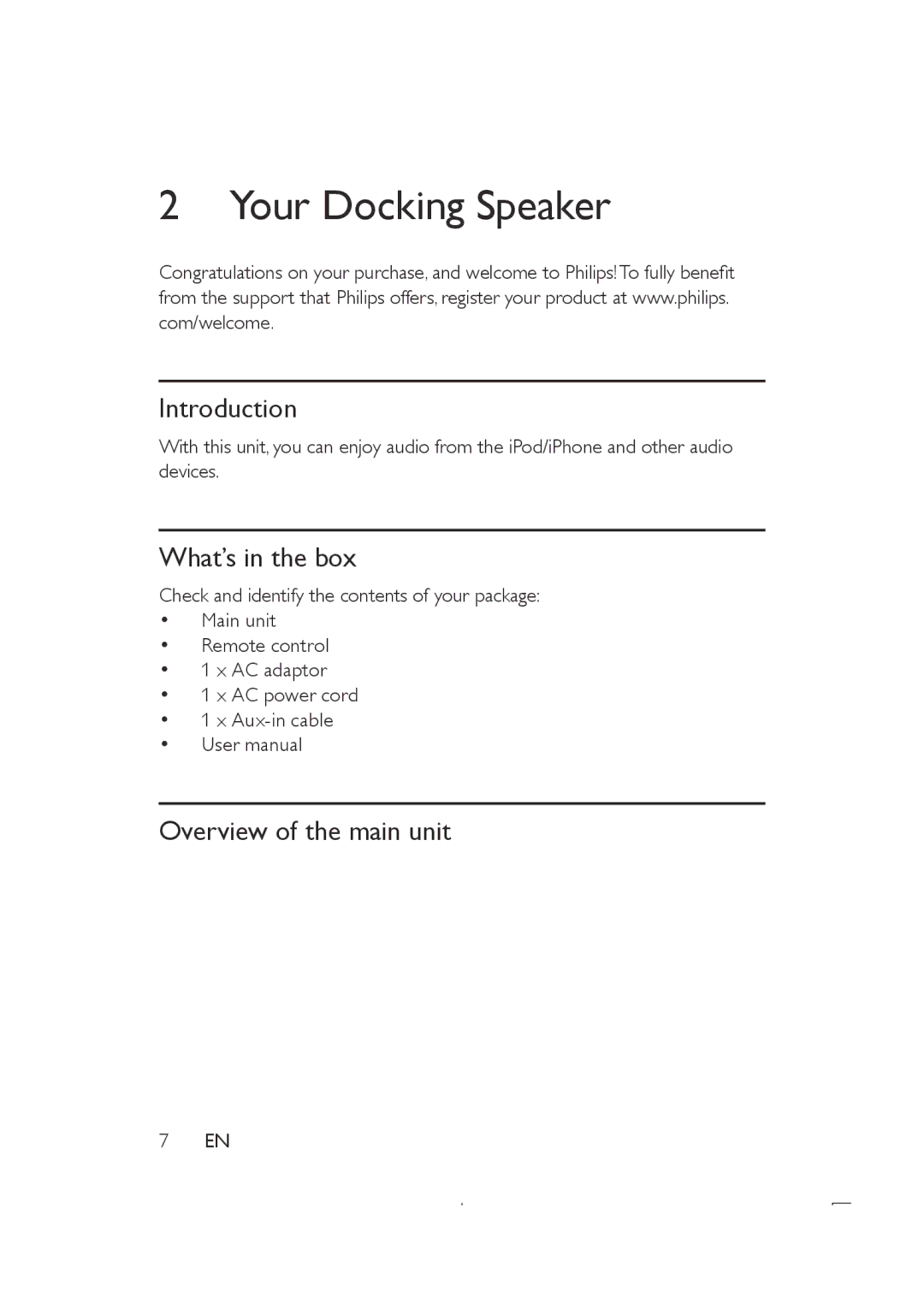 Philips DS8500 user manual Your Docking Speaker, Introduction, What’s in the box, Overview of the main unit 