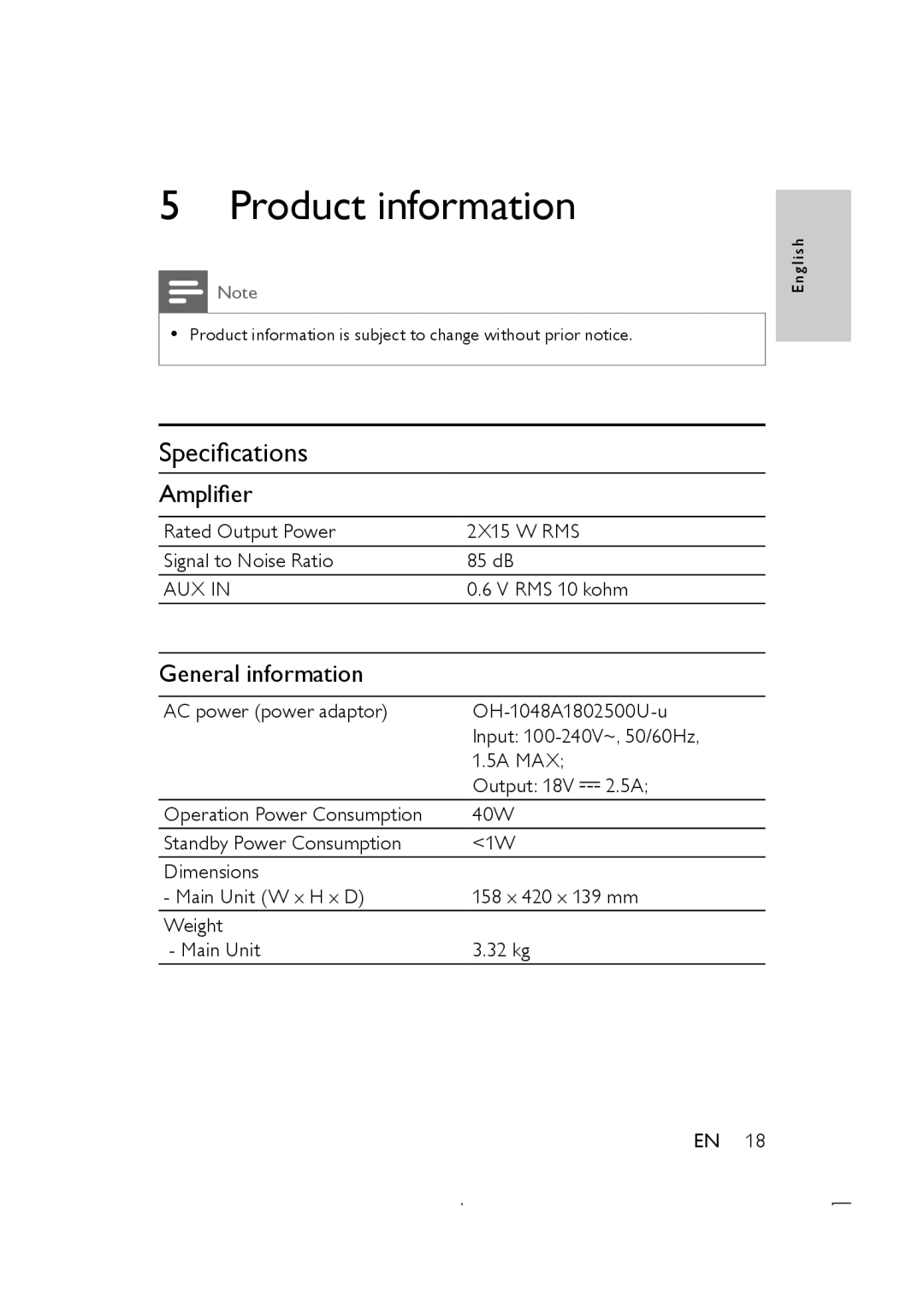 Philips DS8500 user manual Product information, Specifications, Amplifier, General information 