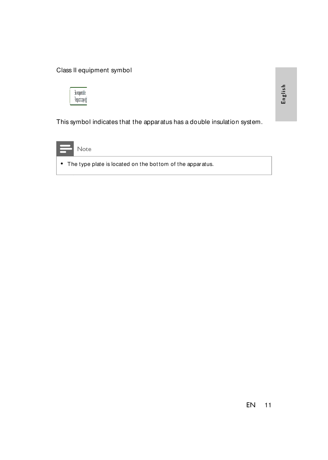 Philips DS8500/37 user manual Class II equipment symbol 