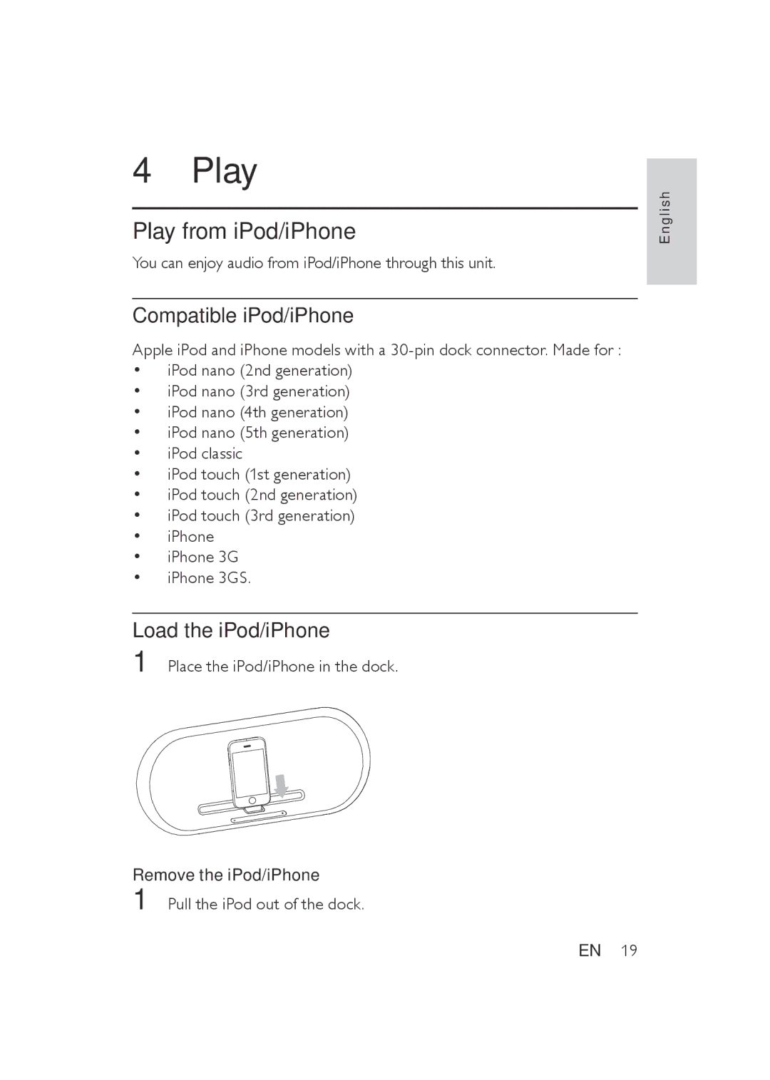 Philips DS8500/37 user manual Play from iPod/iPhone, Compatible iPod/iPhone, Load the iPod/iPhone 