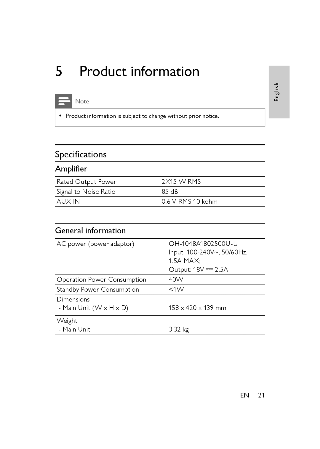 Philips DS8500/37 user manual Product information, Specifications, Amplifier, General information 