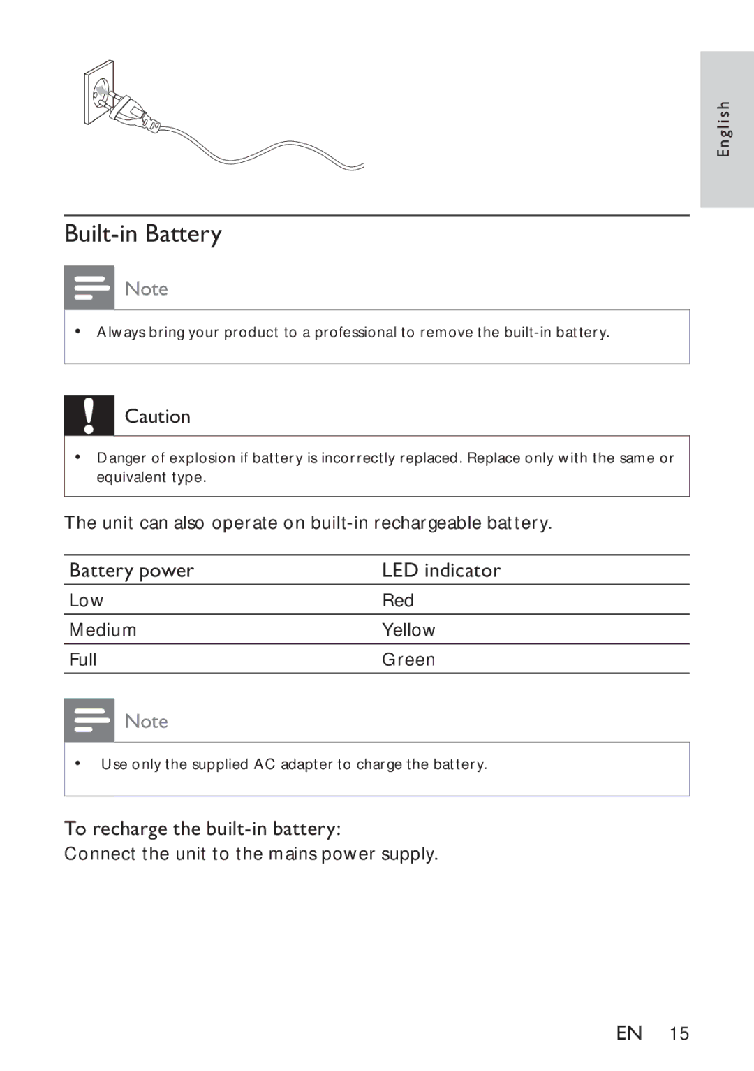 Philips HK-1032-DS8550, DS8550/10 user manual Built-in Battery 