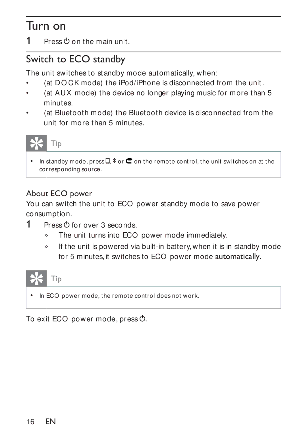 Philips HK-1032-DS8550, DS8550/10 user manual Turn on, Switch to ECO standby 