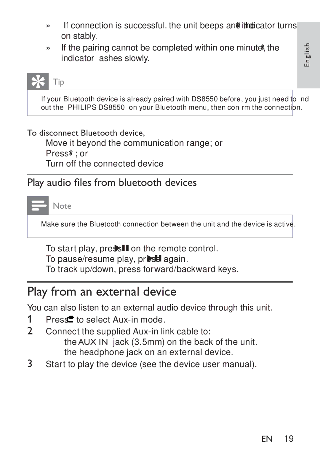 Philips HK-1032-DS8550, DS8550/10 user manual Play from an external device, Play audio ﬁles from bluetooth devices 