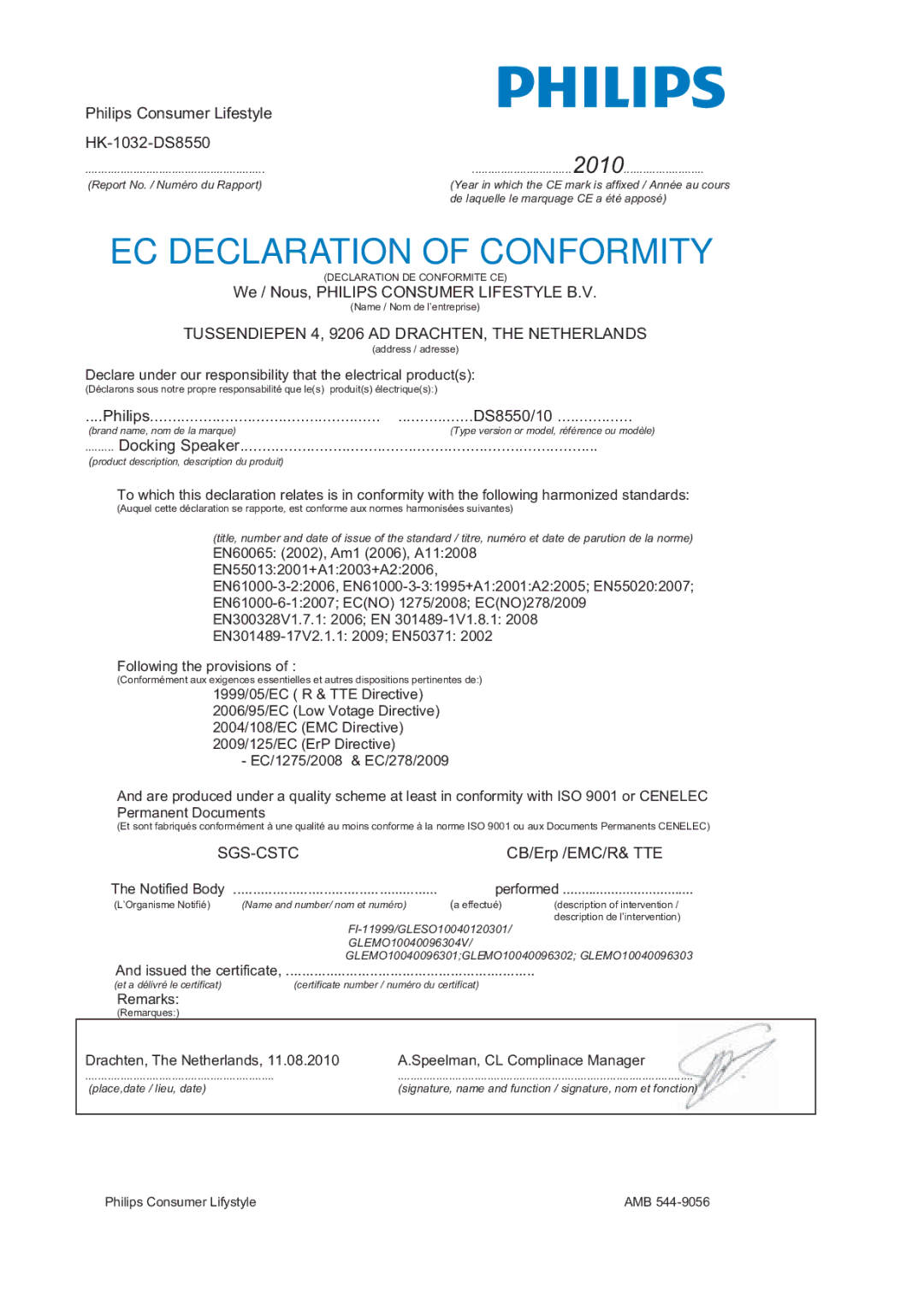 Philips DS8550/10, HK-1032-DS8550 user manual EC Declaration of Conformity 