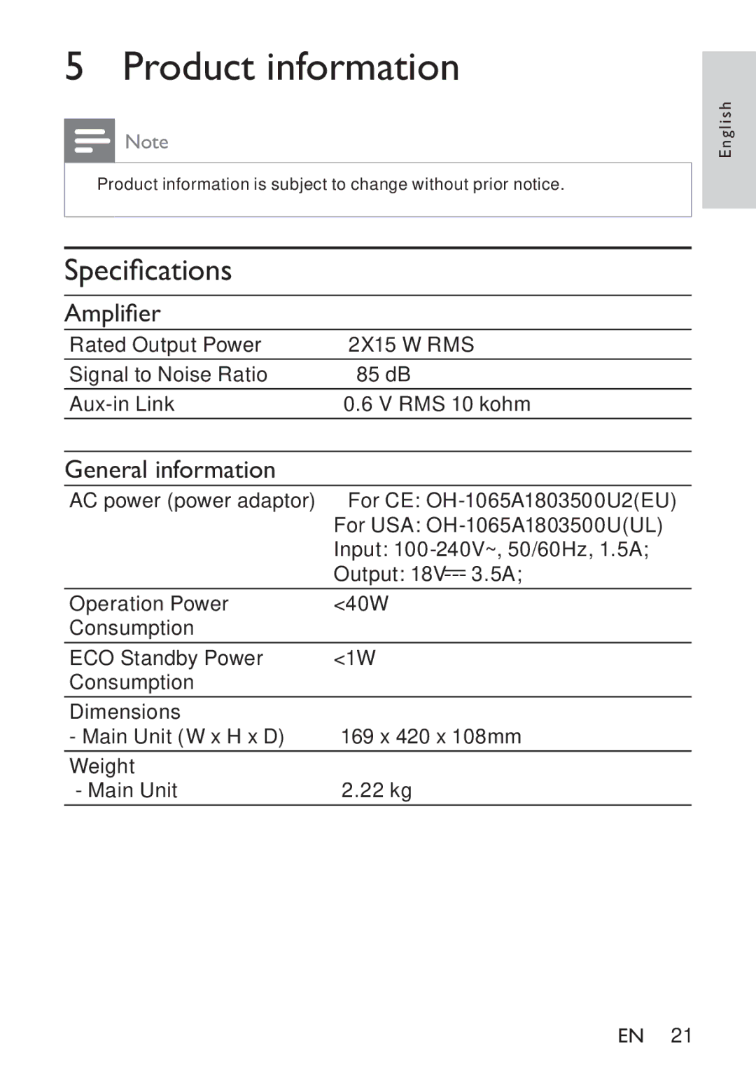 Philips HK-1032-DS8550, DS8550/10 user manual Product information, Speciﬁcations, Ampliﬁer, General information 