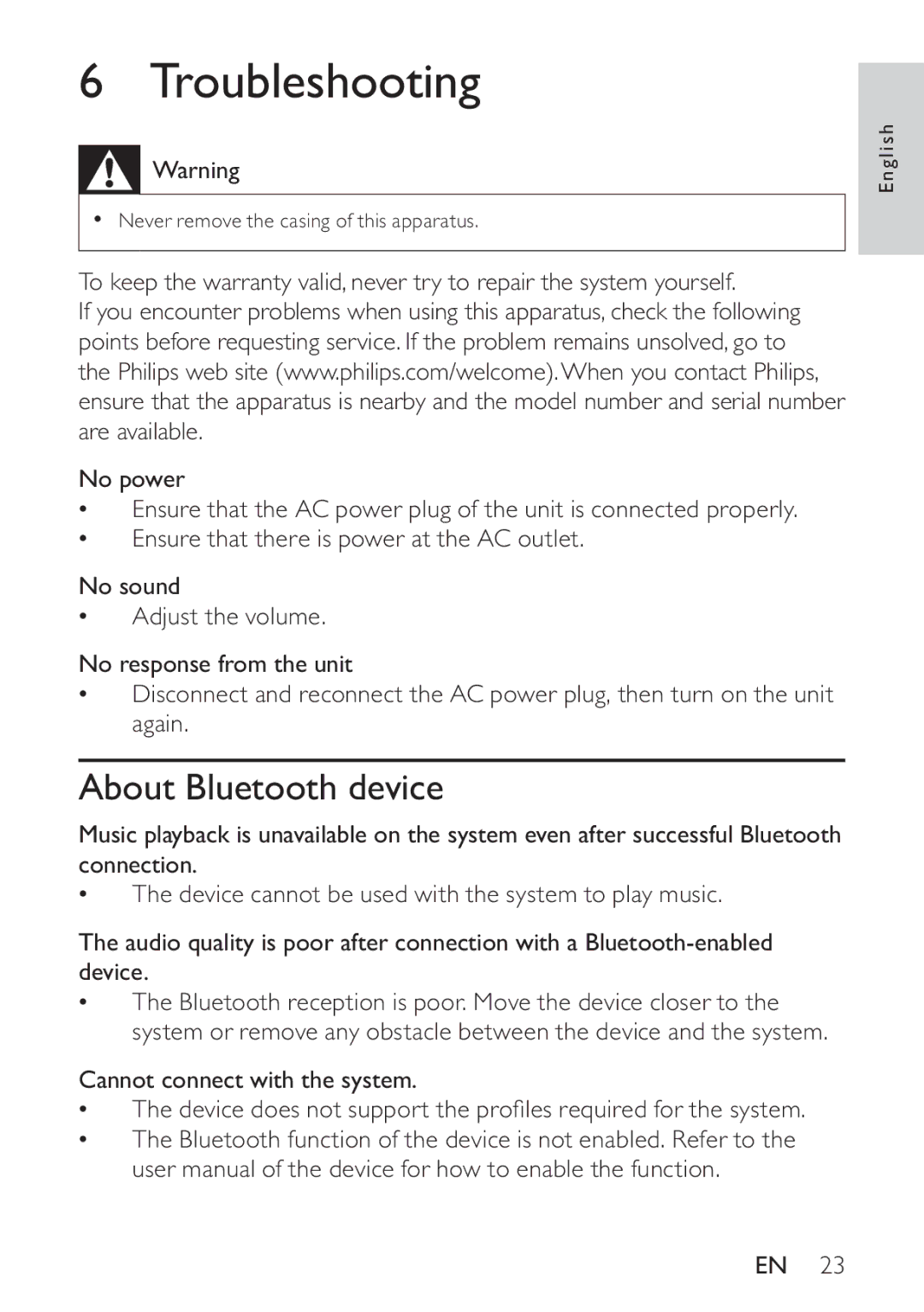 Philips DS8550/10, HK-1032-DS8550 user manual Troubleshooting, About Bluetooth device 