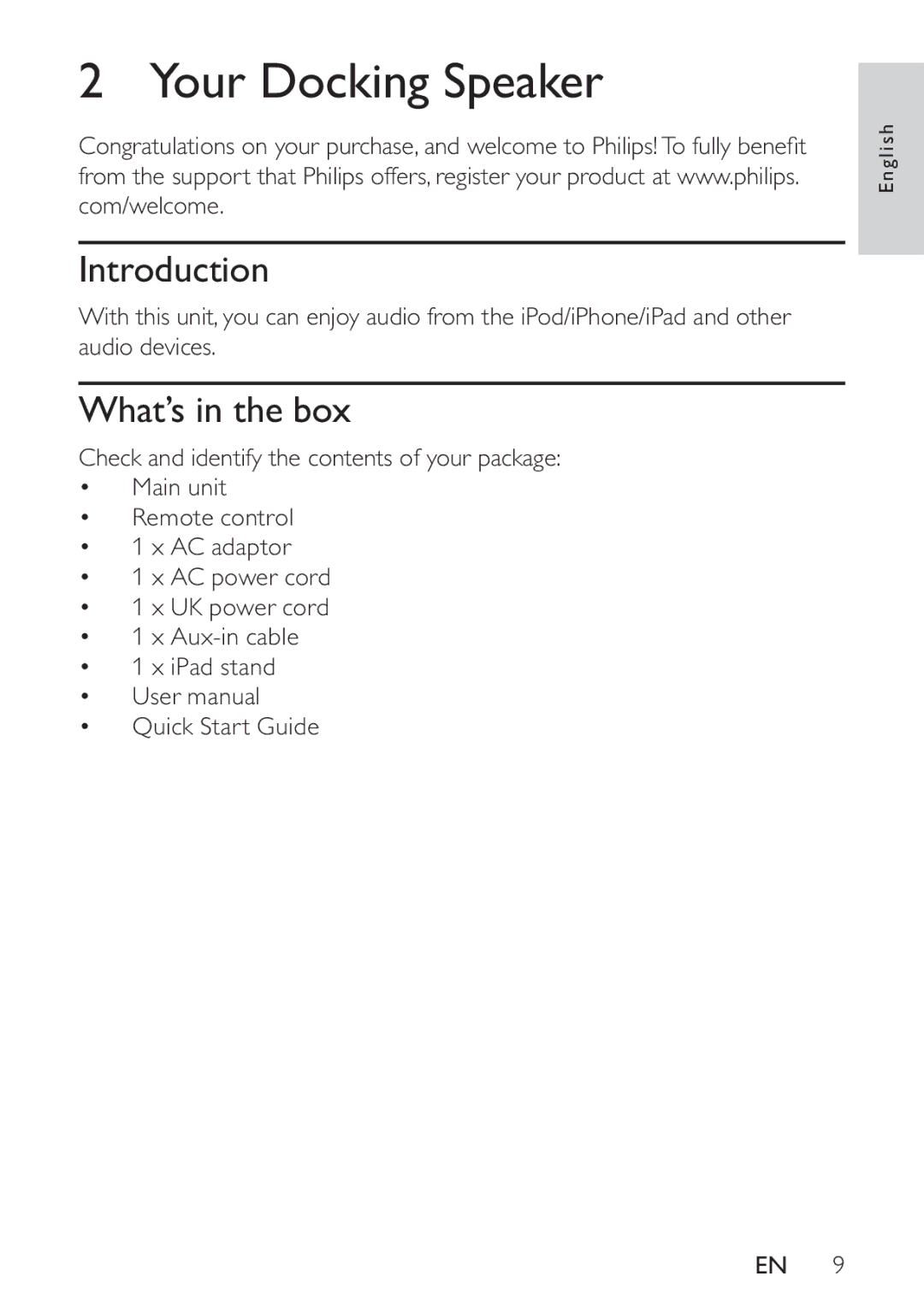 Philips HK-1032-DS8550, DS8550/10 user manual Your Docking Speaker, Introduction, What’s in the box 