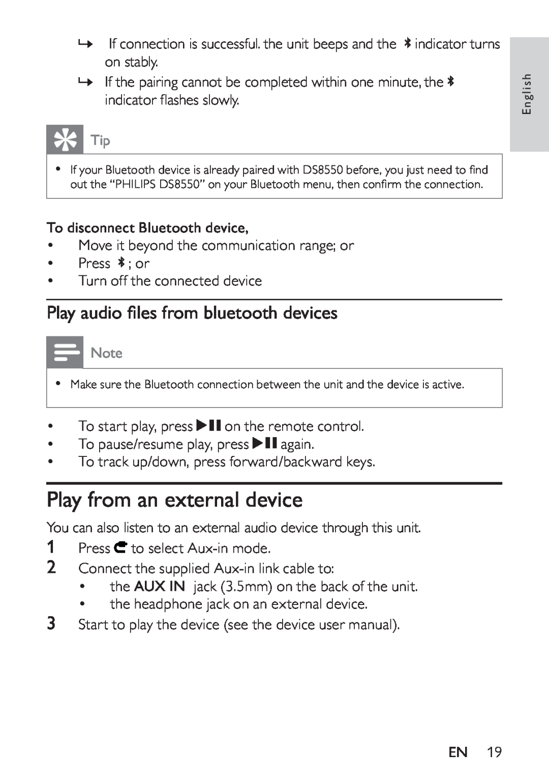 Philips HK-1032-DS8550, DS8550/10 user manual Play from an external device, Play audio ﬁles from bluetooth devices 