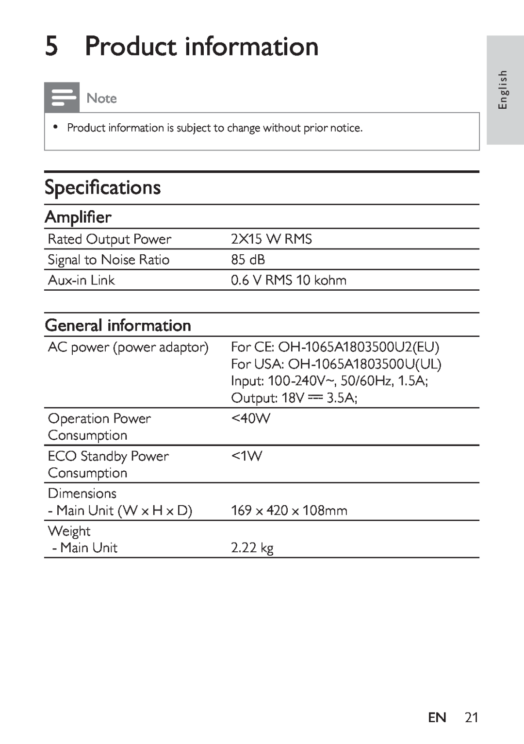Philips HK-1032-DS8550, DS8550/10 user manual Product information, Speciﬁcations, Ampliﬁer, General information 