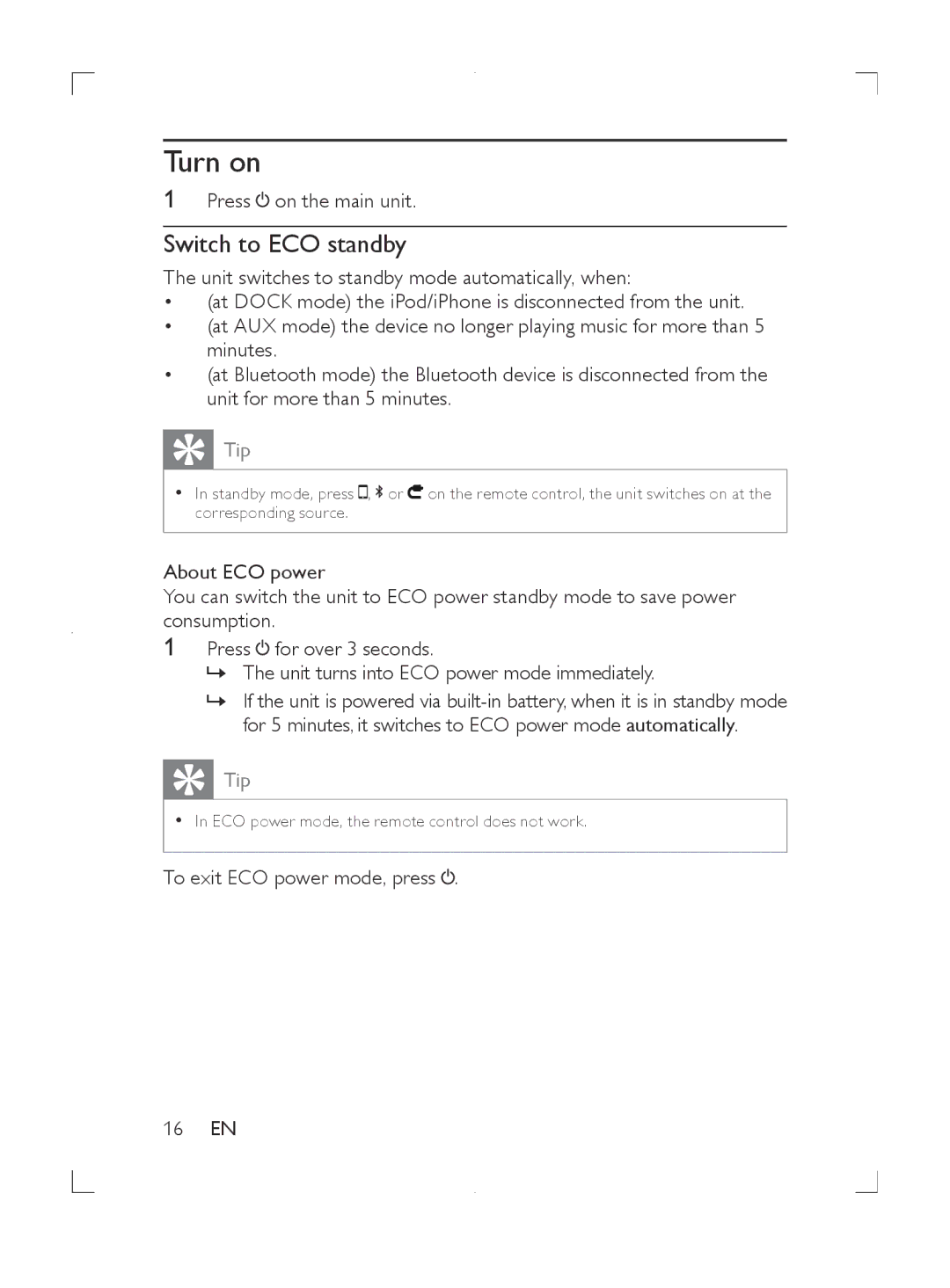 Philips DS8550 user manual Turn on, Switch to ECO standby 