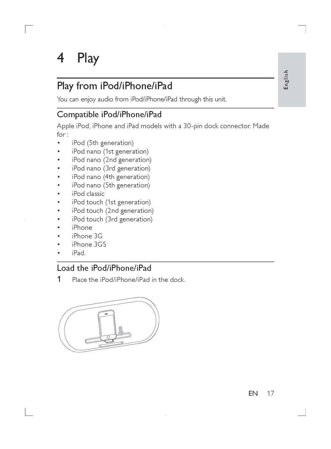 Philips DS8550 user manual Play from iPod/iPhone/iPad, Compatible iPod/iPhone/iPad, Load the iPod/iPhone/iPad 