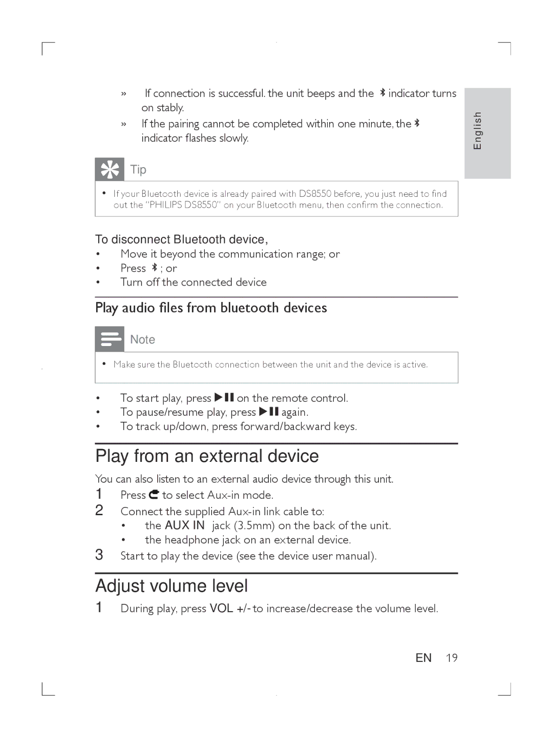 Philips DS8550 user manual Play from an external device, Adjust volume level, Play audio files from bluetooth devices 