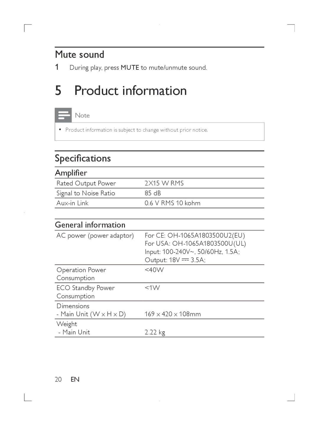 Philips DS8550 user manual Product information, Mute sound, Specifications, Amplifier, General information 