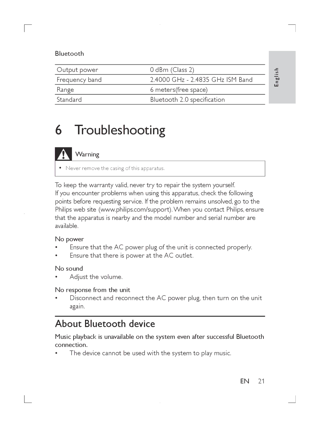 Philips DS8550 user manual Troubleshooting, About Bluetooth device 