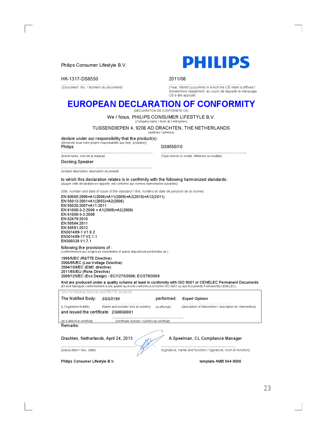 Philips DS8550 user manual European Declaration of Conformity 