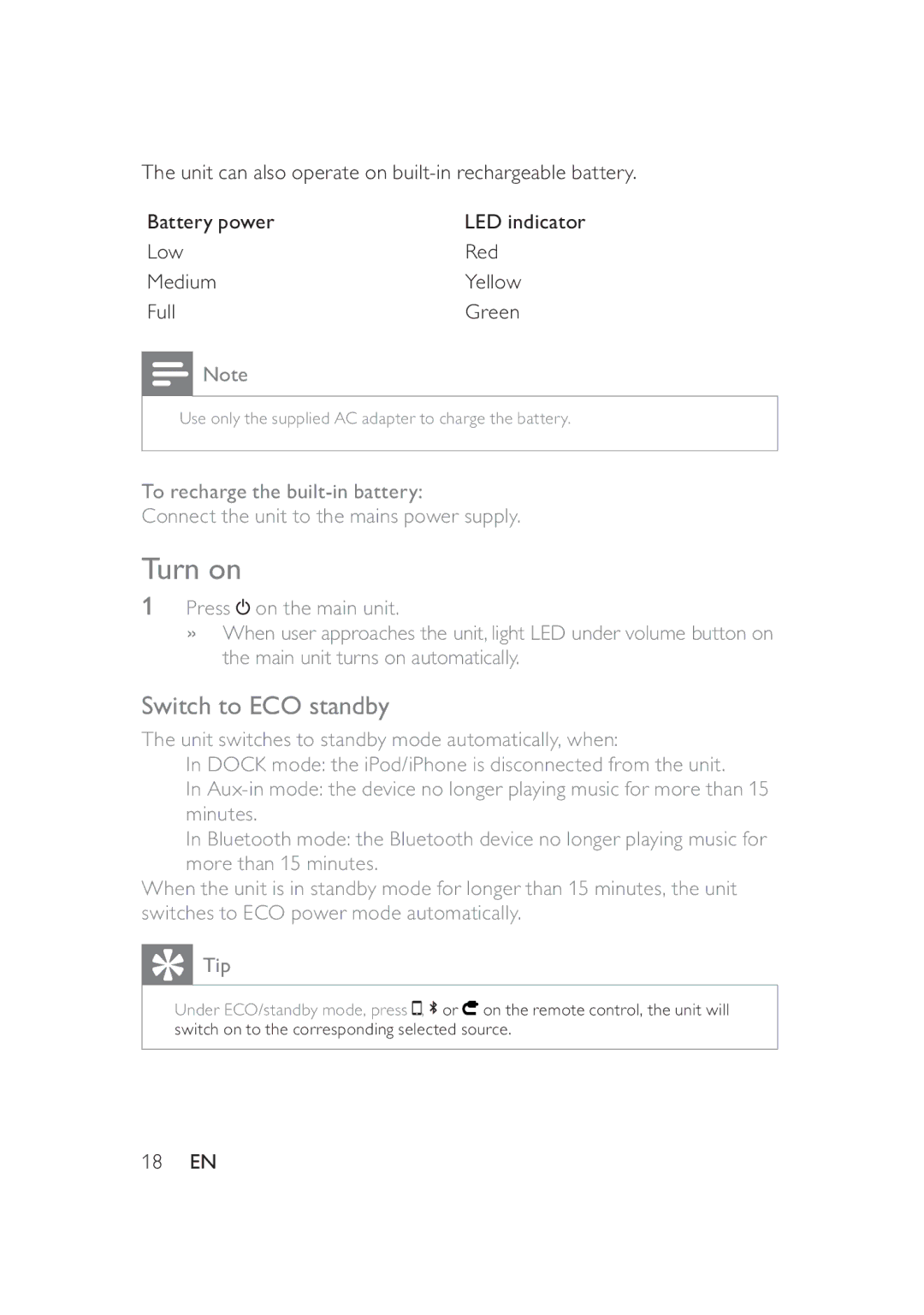 Philips DS8550 user manual Turn on, Switch to ECO standby 