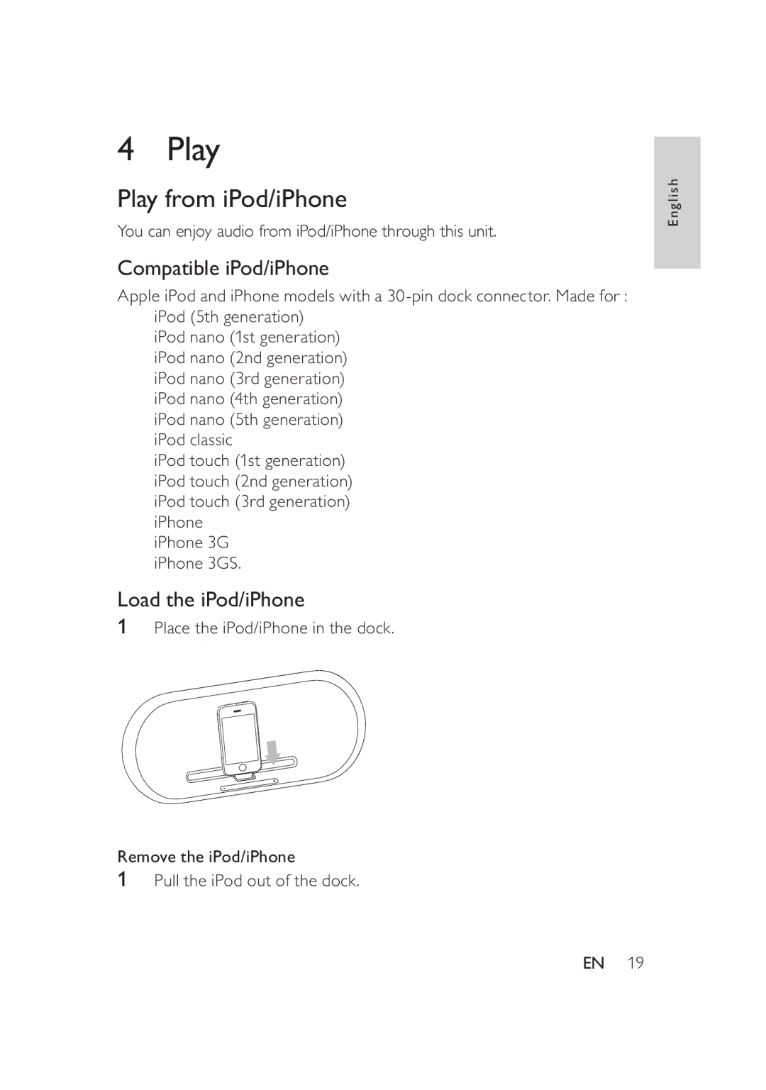 Philips DS8550 user manual Play from iPod/iPhone, Compatible iPod/iPhone, Load the iPod/iPhone 