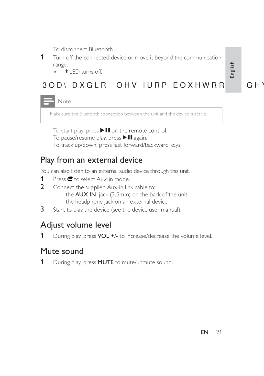 Philips DS8550 user manual Play from an external device, Adjust volume level, Mute sound 