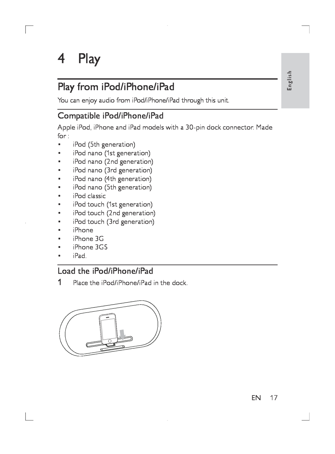 Philips DS8550 user manual Play from iPod/iPhone/iPad, Compatible iPod/iPhone/iPad, Load the iPod/iPhone/iPad 