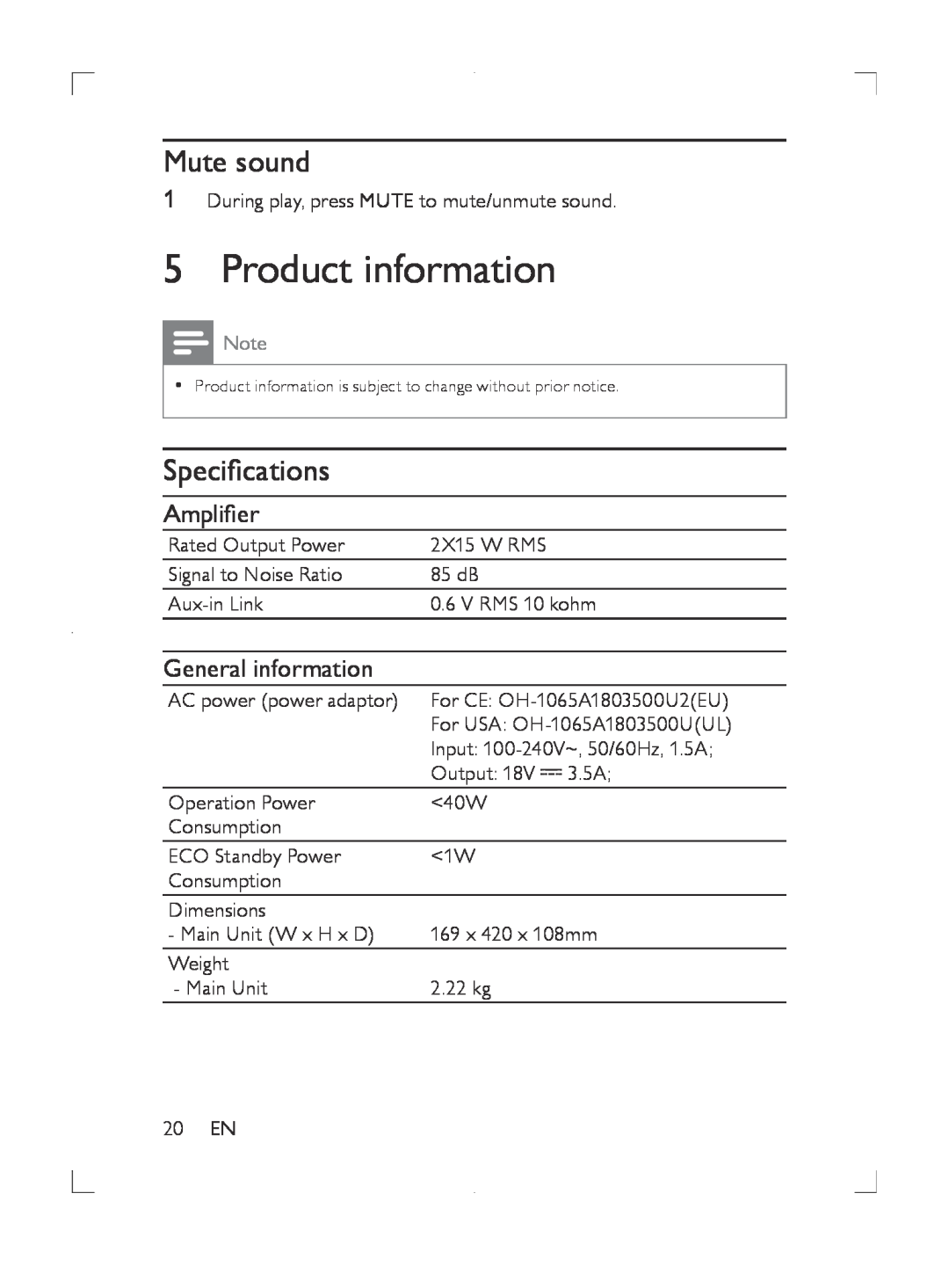 Philips DS8550 user manual Product information, Mute sound, Specifications, Amplifier, General information 