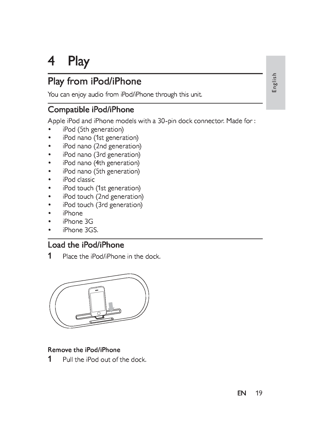 Philips DS8550 user manual Play from iPod/iPhone, Compatible iPod/iPhone, Load the iPod/iPhone 