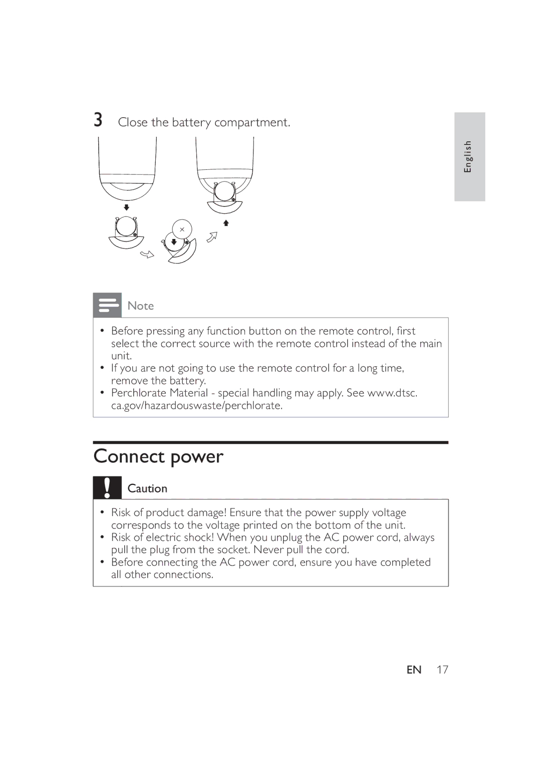 Philips DS9000/37 user manual Connect power, Close the battery compartment 