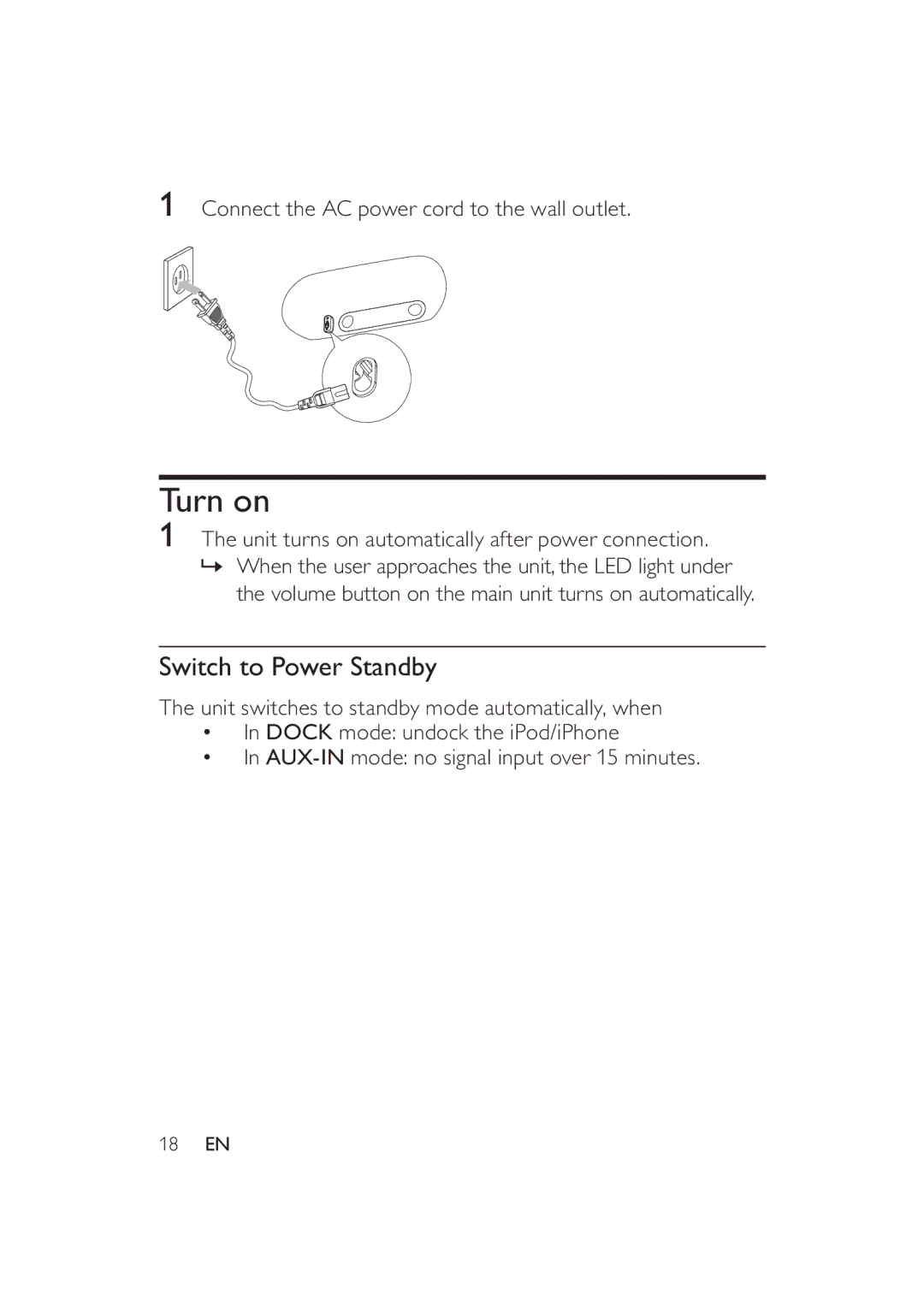 Philips DS9000/37 user manual Turn on, Switch to Power Standby, Connect the AC power cord to the wall outlet 