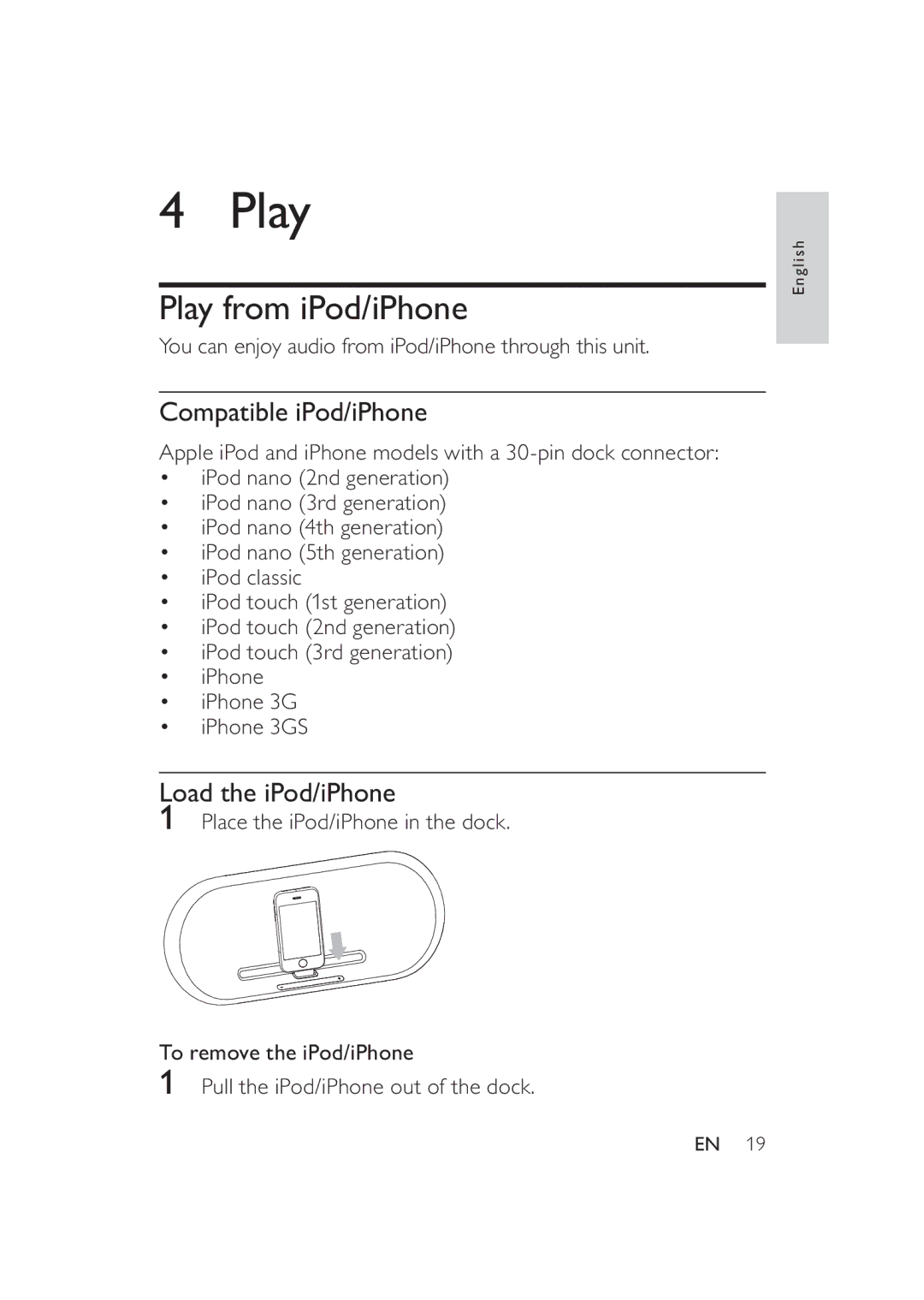 Philips DS9000/37 user manual Play from iPod/iPhone, Compatible iPod/iPhone, Load the iPod/iPhone 