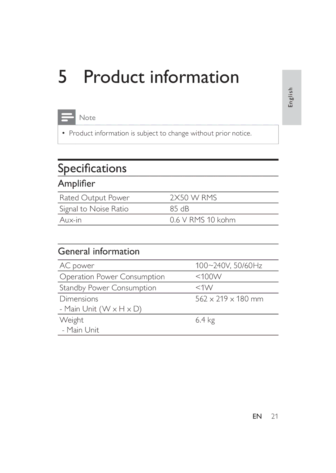 Philips DS9000/37 user manual Product information, Speciﬁcations, Ampliﬁer, General information 