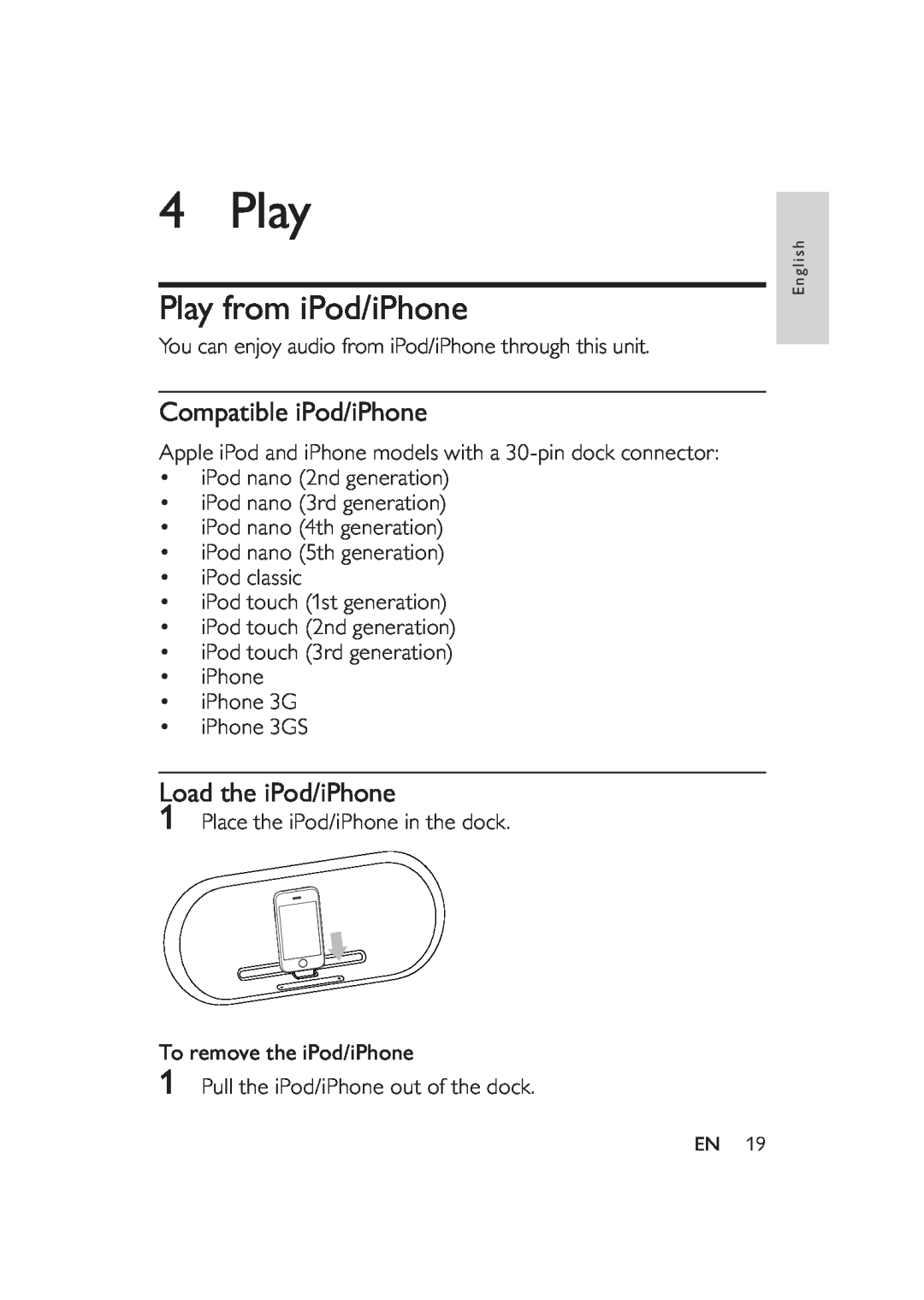 Philips DS9000/37 user manual Play from iPod/iPhone, Compatible iPod/iPhone, Load the iPod/iPhone 
