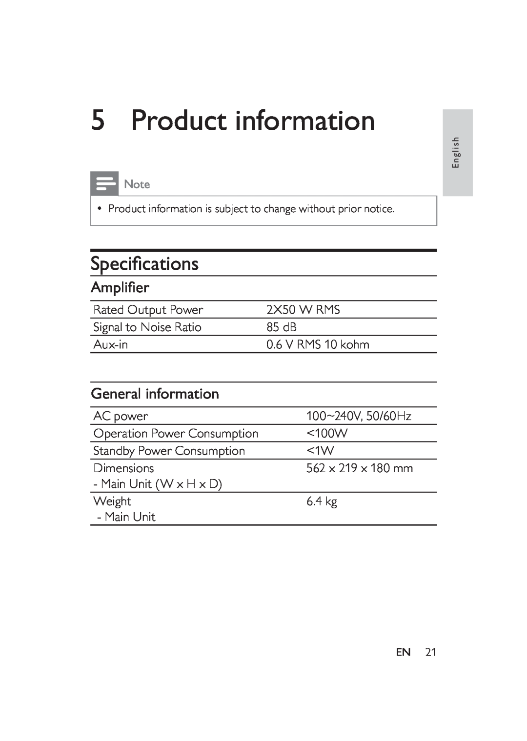 Philips DS9000/37 user manual Product information, Speciﬁcations, Ampliﬁer, General information 