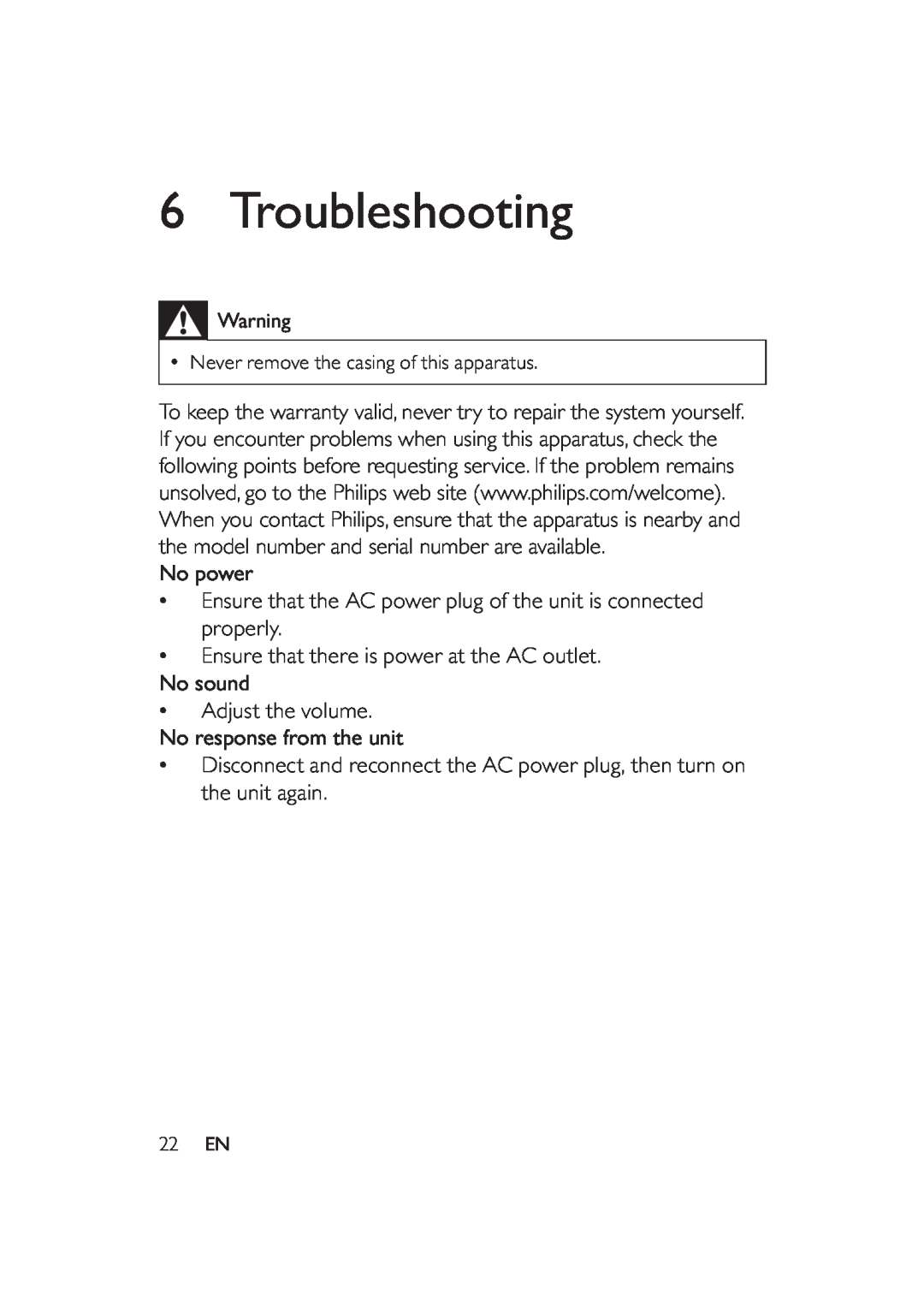 Philips DS9000/37 user manual Troubleshooting, No power, Ensure that the AC power plug of the unit is connected properly 