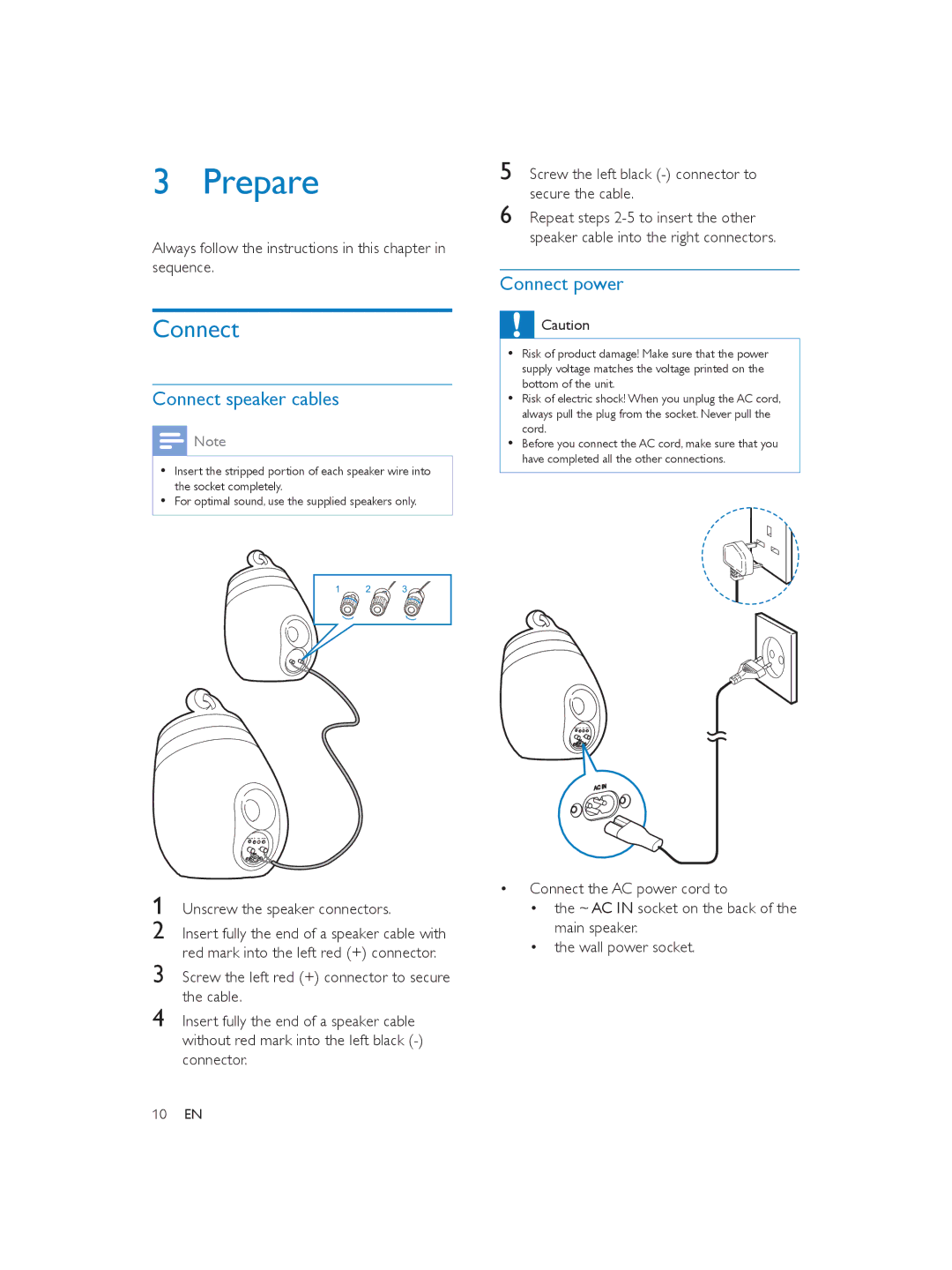 Philips DS9800W user manual Prepare, Connect speaker cables, Connect power 