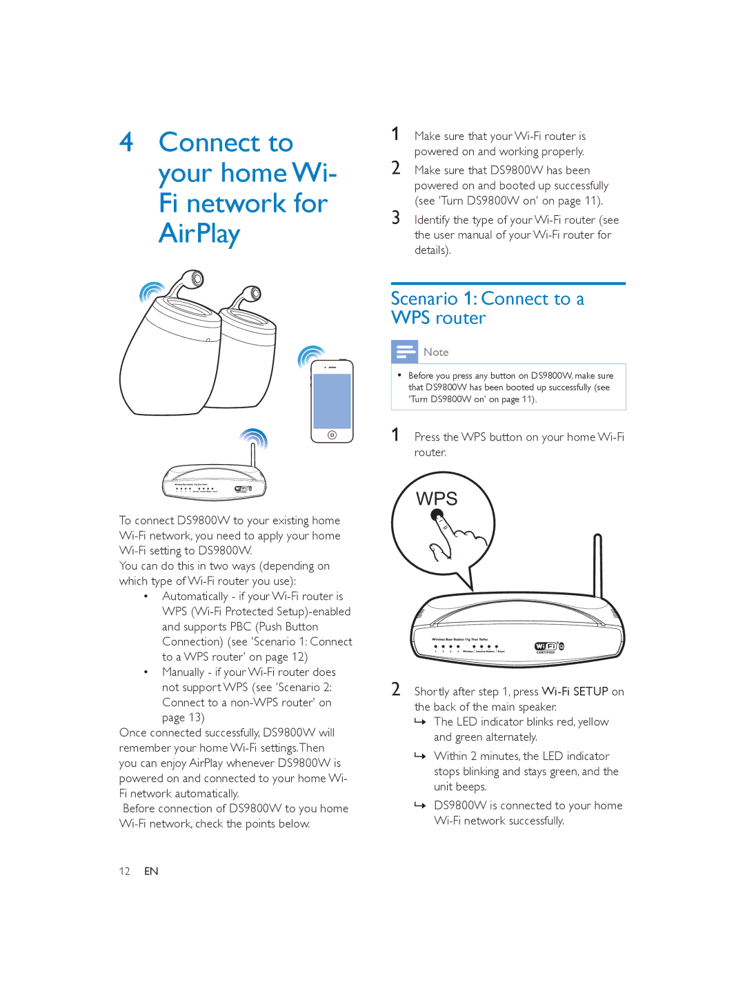 Philips DS9800W user manual Connect to your home Wi- Fi network for AirPlay, Scenario 1 Connect to a WPS router 