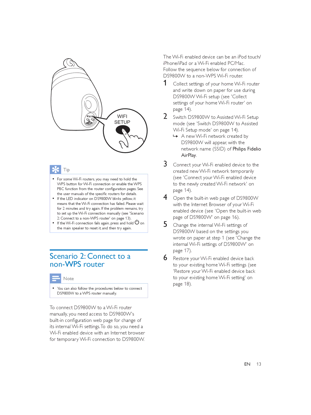 Philips DS9800W user manual Scenario 2 Connect to a non-WPS router, Wifi Setup 