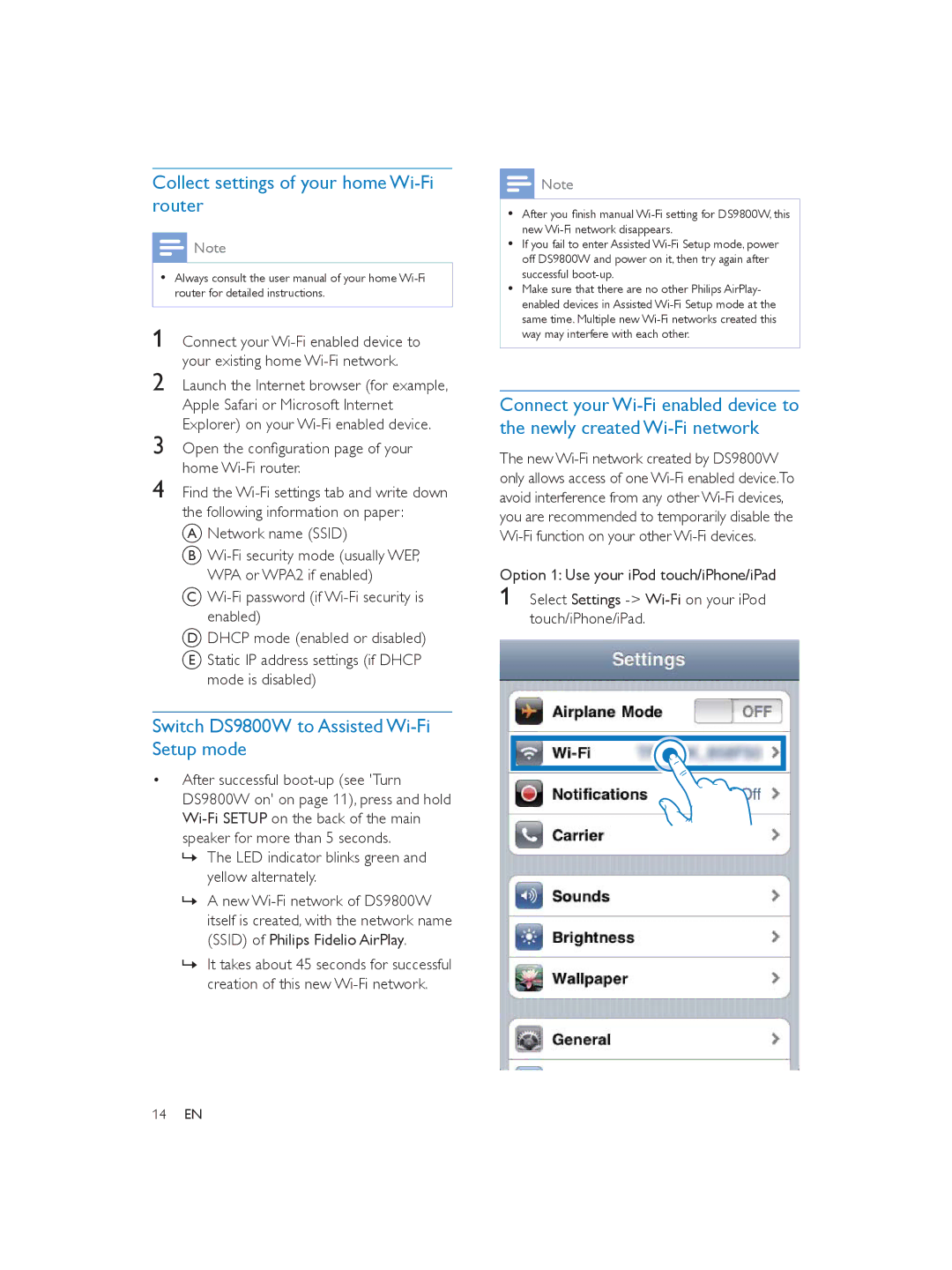 Philips user manual Collect settings of your home Wi-Fi router, Switch DS9800W to Assisted Wi-Fi Setup mode 