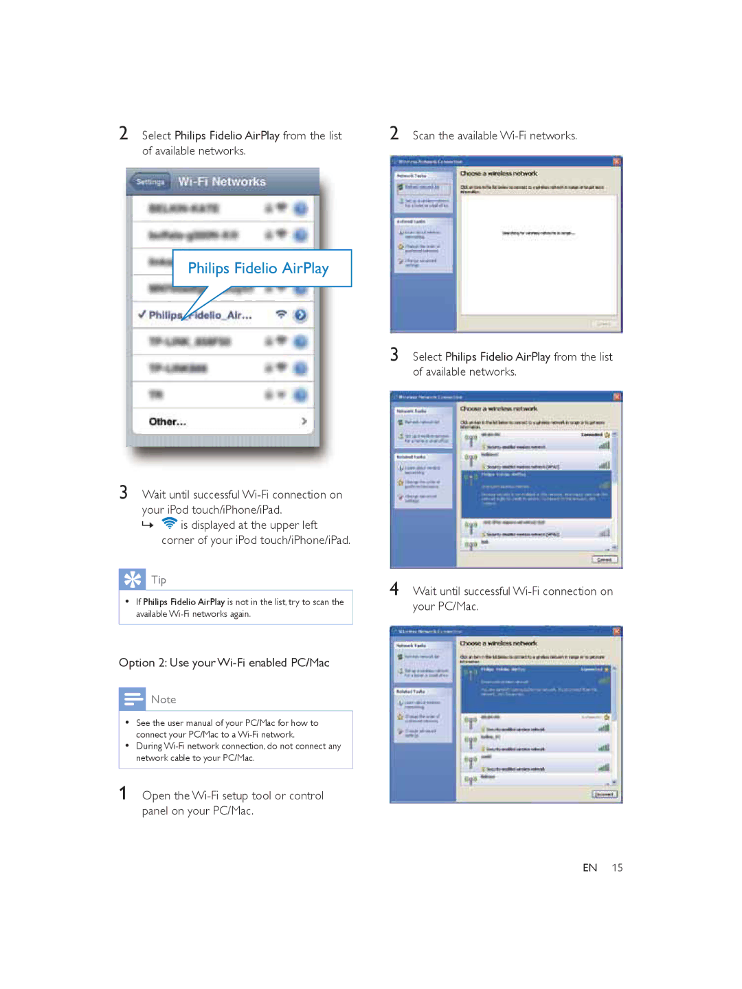 Philips DS9800W user manual Philips Fidelio AirPlay, Option 2 Use your Wi-Fi enabled PC/Mac 