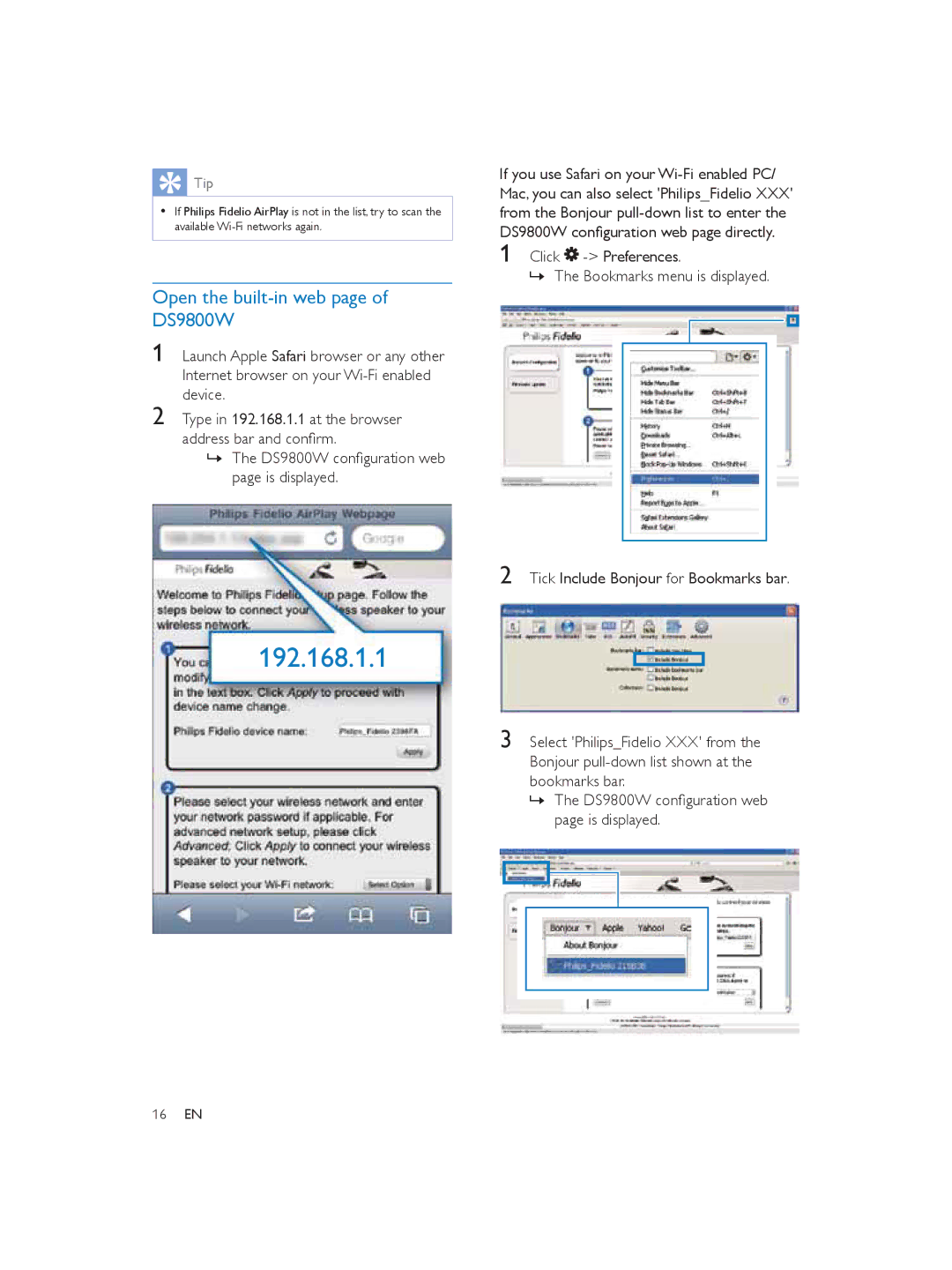 Philips user manual Open the built-in web page of DS9800W, DgguhvvEduDqgFrqàup 