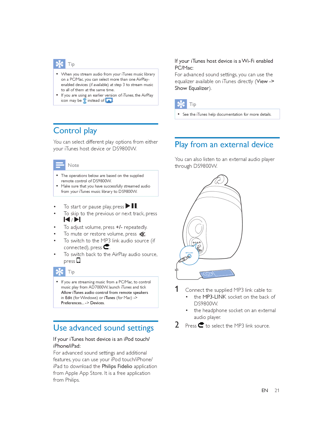 Philips DS9800W user manual Control play, Use advanced sound settings, Play from an external device, Press 